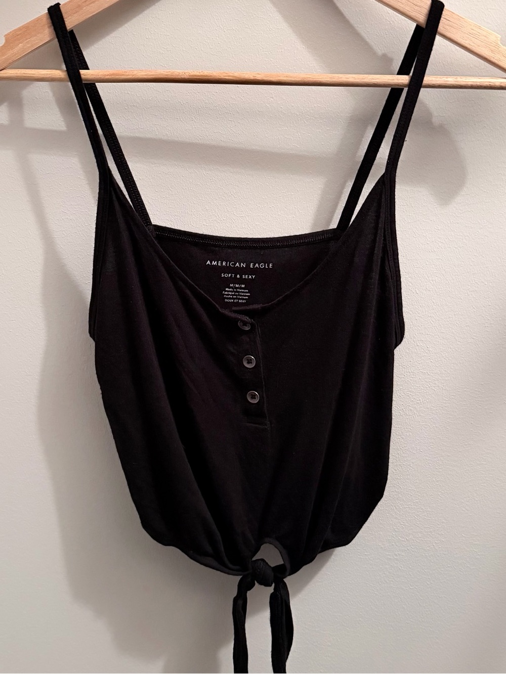 American Eagle Soft & Sexy Black Button Front Tie Crop Tank Top Women’s Size M
